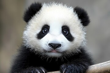 Obraz premium A black-and-white panda sits atop a tree branch, its paws grasping the limb