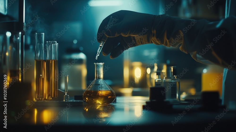Poster A Gloved Hand Dropping Liquid Into A Flask In A Laboratory