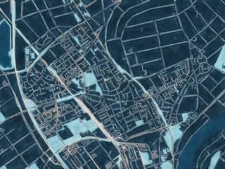 Painterly Style City Map of Dormagen, Germany in a Blue Color Scheme.