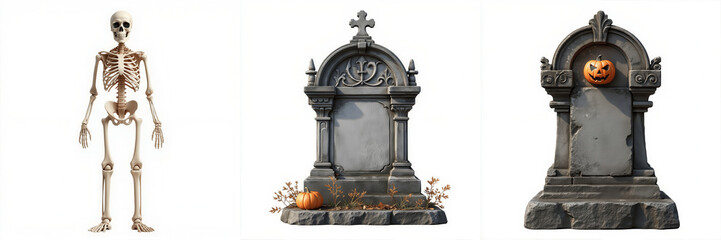 Fototapeta premium A spooky Halloween-themed image featuring a skeleton and two gravestones, one adorned with a carved pumpkin.