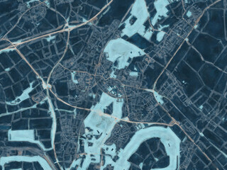 Painterly Style City Map of Grevenbroich, Germany in a Blue Color Scheme.