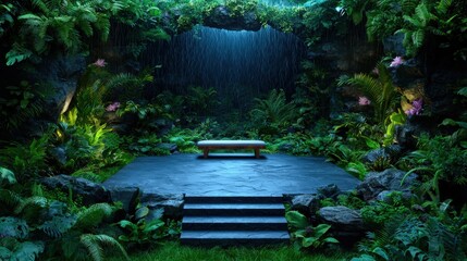 Mystical Rainforest Night Scene with Bench and Waterfall