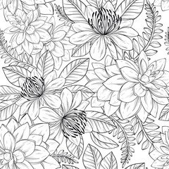 Seamless pattern with Tropical plants, flowers and leaves on black background, Black and white
