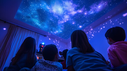 A group of kids at a space-themed sleepover projecting constellations onto the ceiling with a star projector.