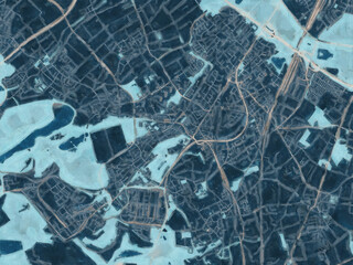 Painterly Style City Map of Hurth, Germany in a Blue Color Scheme.