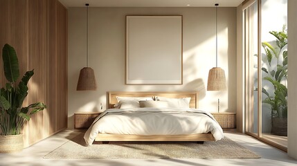 Elegant and Cozy Modern Bedroom Interior Design with Stylish Decor, mockup, poster and Background