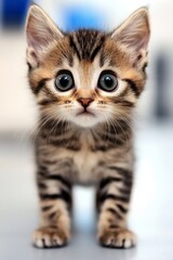  A tight shot of a tiny kitten against a white background, displaying its facial stripes in black and brown