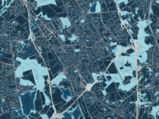 Painterly Style City Map of Langenfeld, Germany in a Blue Color Scheme.