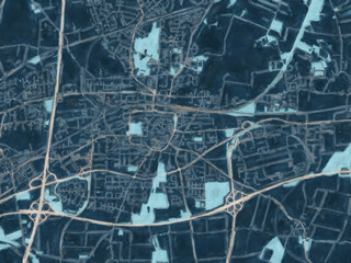 Painterly Style City Map of Unna, Germany in a Blue Color Scheme.