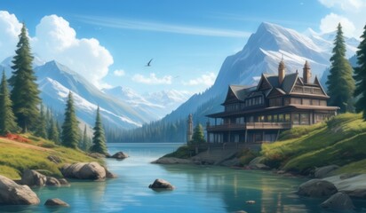 painting of a house on a mountain side with a lake and a bird flying over it