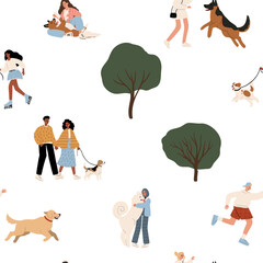 seamless pattern features playful puppies and diverse people enjoying a park setting. The vibrant illustration celebrates multiculturalism and creates a cheerful backdrop for various applications.
