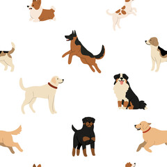 Naklejka premium Seamless pattern with an array of beloved dog breeds, including Labradors and French Bulldogs, in a playful hand-drawn style. Joy of pets in a modern and minimalist design. Flat vector illustration