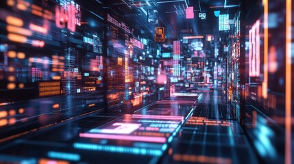 Fototapeta premium Futuristic digital corridor filled with glowing screens, data, and technology concepts