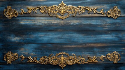 Ornate Gold on Aged Blue Wood Background