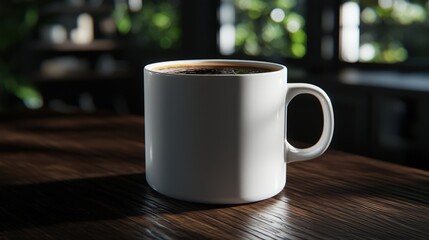 White Mug with Coffee on Wooden Table  Morning Coffee  Breakfast Beverage  Hot Drink  Cozy