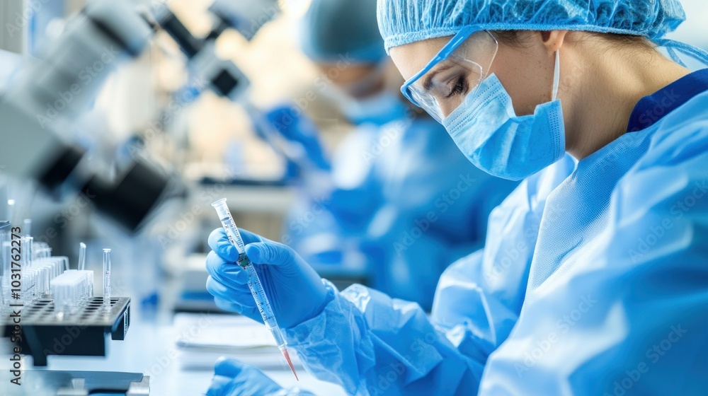 Poster female scientist in a lab coat holding a pipette and dropping liquid into a test tube