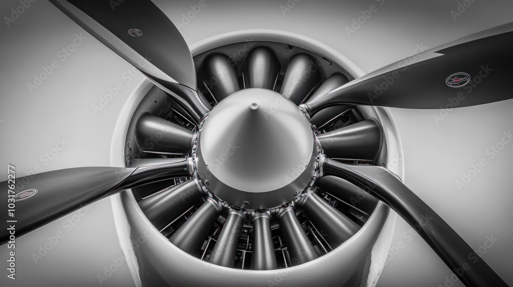 Poster close-up view of a radial engine with four propellers, showcasing its intricate mechanical details.