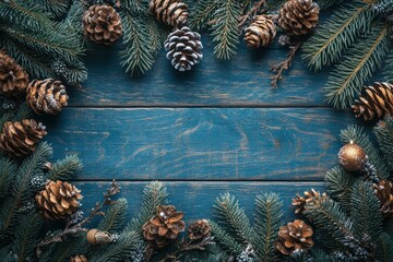 Festive Winter Holiday Decor on Rustic Wooden Background with copy space