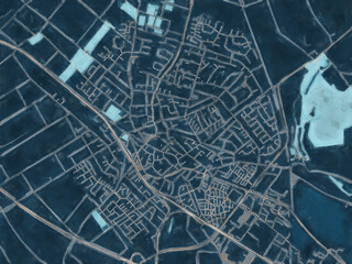 Painterly Style City Map of Pulheim, Germany in a Blue Color Scheme.