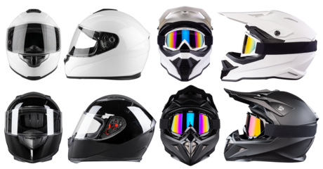 set collection of black and white motorcycle motocross  carbon integral crash and fullface helmet isolated in various angles white background. motorsport car kart racing transportation safety concept