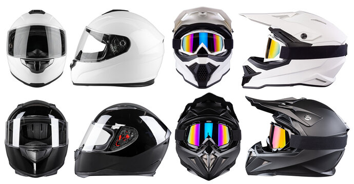 set collection of black and white motorcycle motocross  carbon integral crash and fullface helmet isolated in various angles white background. motorsport car kart racing transportation safety concept
