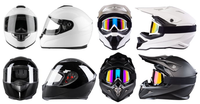 set collection of black and white motorcycle motocross  carbon integral crash and fullface helmet isolated in various angles white background. motorsport car kart racing transportation safety concept