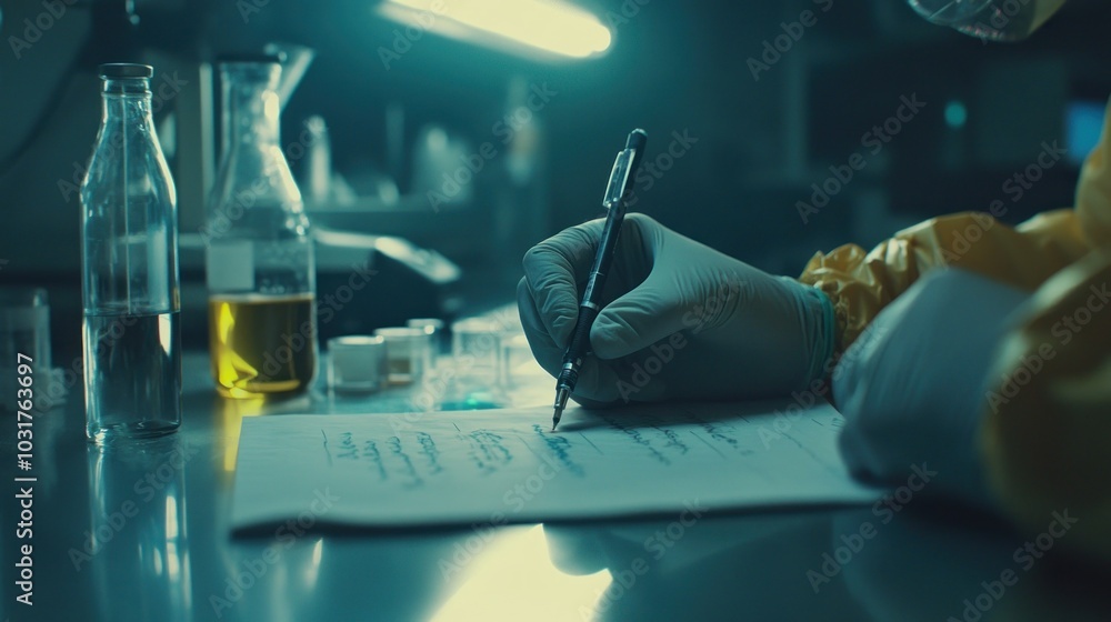 Aufkleber gloved hand writing notes in a laboratory setting