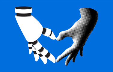 Modern collage with halftone human and robot hand folded into shape heart. Touching human and prosthetic hand. Cyborg and human arm show heart together. Human and artificial intelligence collaboration