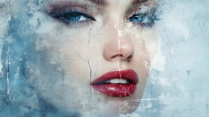  A tight shot of a woman's face, her blue eyes gazing directly at the camera, and a bold stroke of red lipstick against her lips, all set against a prist