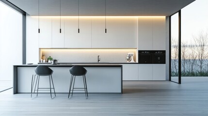 A modern kitchen with minimal decor, soft natural lighting, built-in appliances, and monochrome cabinetry for a seamless look.