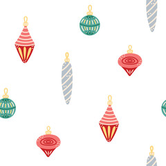 Seamless pattern with glass Christmas tree decorations on white background. Christmas and New Year. Vector illustration.