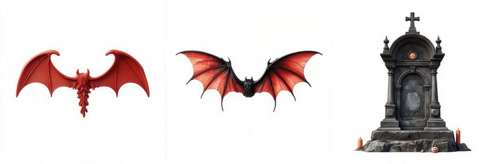 Obraz premium A set of images featuring red bats with spread wings and a dark, ornate gravestone with a cross, evoking themes of mystique and the supernatural.