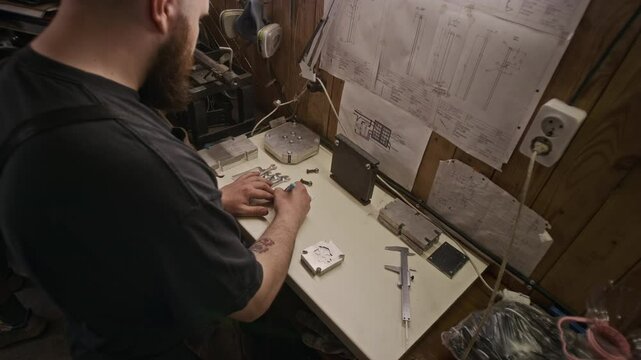 High-angle medium over-shoulder shot of tattooed male mechanic measuring metal product sample with caliper, then writing down measurements on scrap of paper