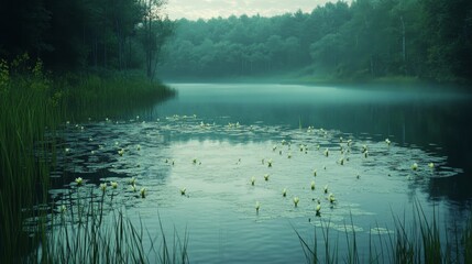 Tranquil Forest Lake in Misty Morning
