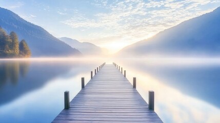 Fototapeta premium A wooden pier stretches into the mist of a serene lake at sunrise, with mountains in the background.