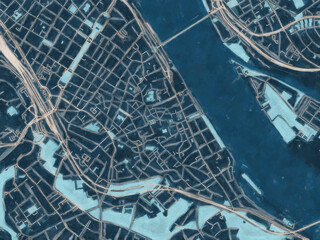 Painterly Style City Map of Mainz Zentrum, Germany in a Blue Color Scheme.