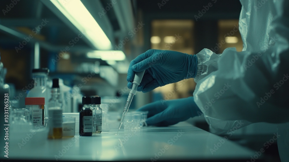 Poster Scientist in a Lab Coat Using a Pipette to Transfer Liquid