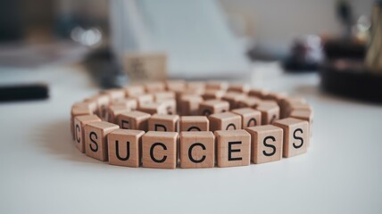Scrabble tiles forming the word 'Success' on a desk, isolated background.