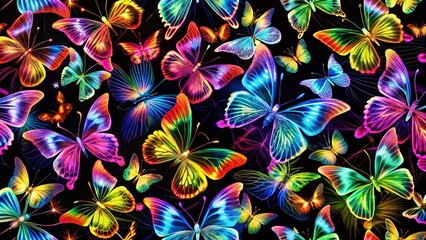 Fototapeta premium Vibrant Groovy Neon Butterflies Pattern on Black Background for Fashion Photography