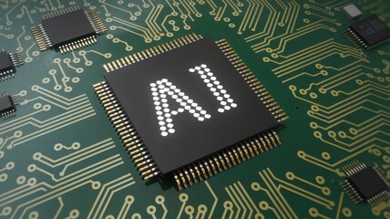 Close-up of a computer chip with a circuit board background, showcasing advanced technology.