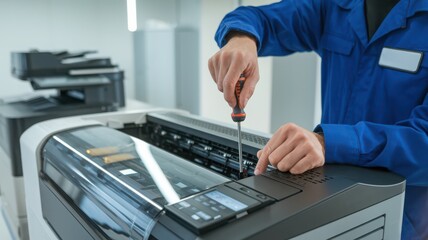 Technician repairing a printer in office environment, focused on maintenance task.