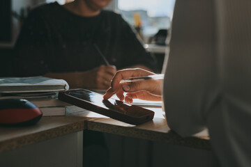 Mom Teaches Daughter at Desk. Home Distance Learning, Schoolgirl Doing Homework at Home