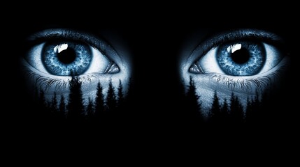  A pair of blue eyes in the dark, mirroring trees' reflections on their left side
