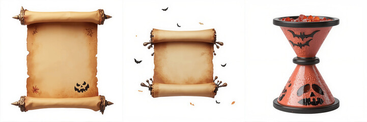 Three Halloween-themed parchment scrolls with spooky decorations, including bats, showcased in an artistic arrangement.