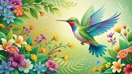 Obraz premium Vibrant Hummingbird and Floral Illustration with Copy Space for Design Use