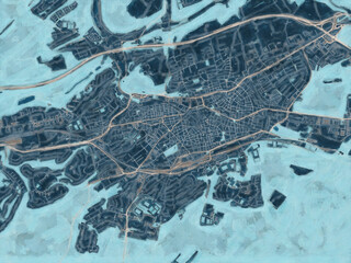 Painterly Style City Map of Kaiserslautern, Germany in a Blue Color Scheme.