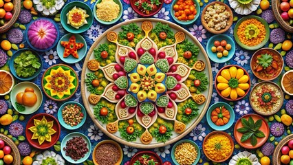 Vibrant Kaleidoscope Food Photography with Floral Mandala Background for Vertical Video Presentation