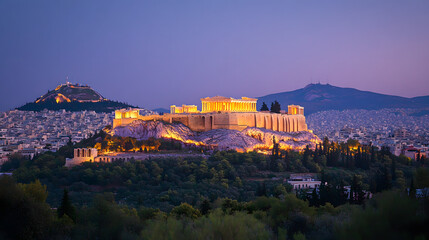 A wide view of the Acropolis at night with soft lighting illuminating the ancient ruins while the rest of the city sleeps below.