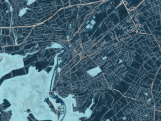 Painterly Style City Map of Bad Kreuznach, Germany in a Blue Color Scheme.