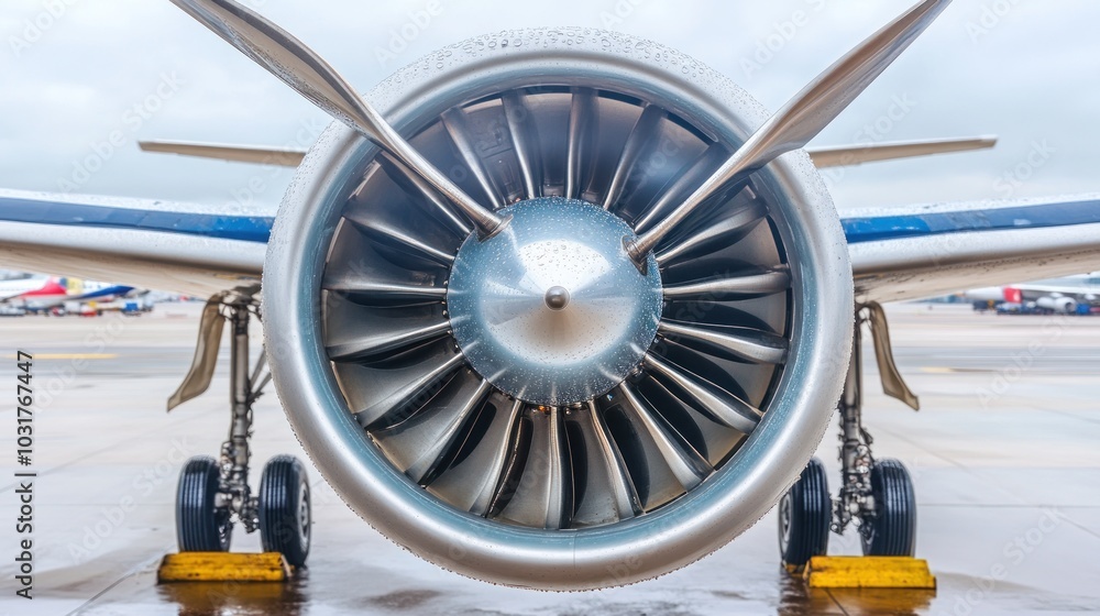 Poster a close-up shot of an airplane engine, showcasing the intricate design and powerful components.